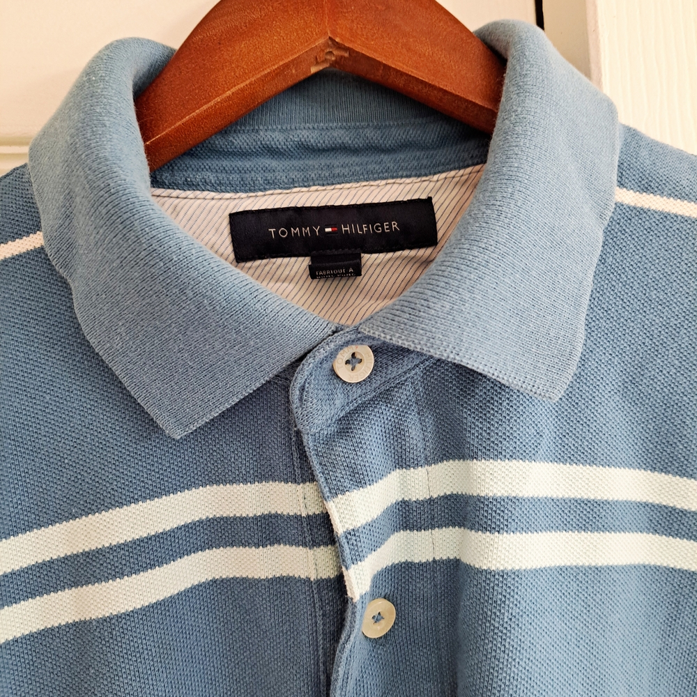 Tommy Hilfiger Men's Light Blue Polo with White Stripes